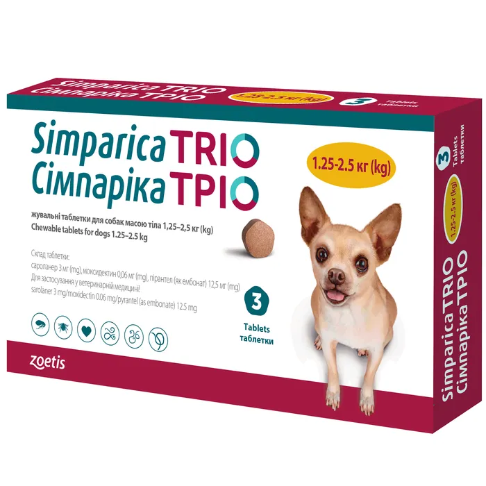 Сімпаріка Тріо для собак 1,25-2,5 кг, таблетка від бліх, кліщів та гельмінтів купити Дніпро